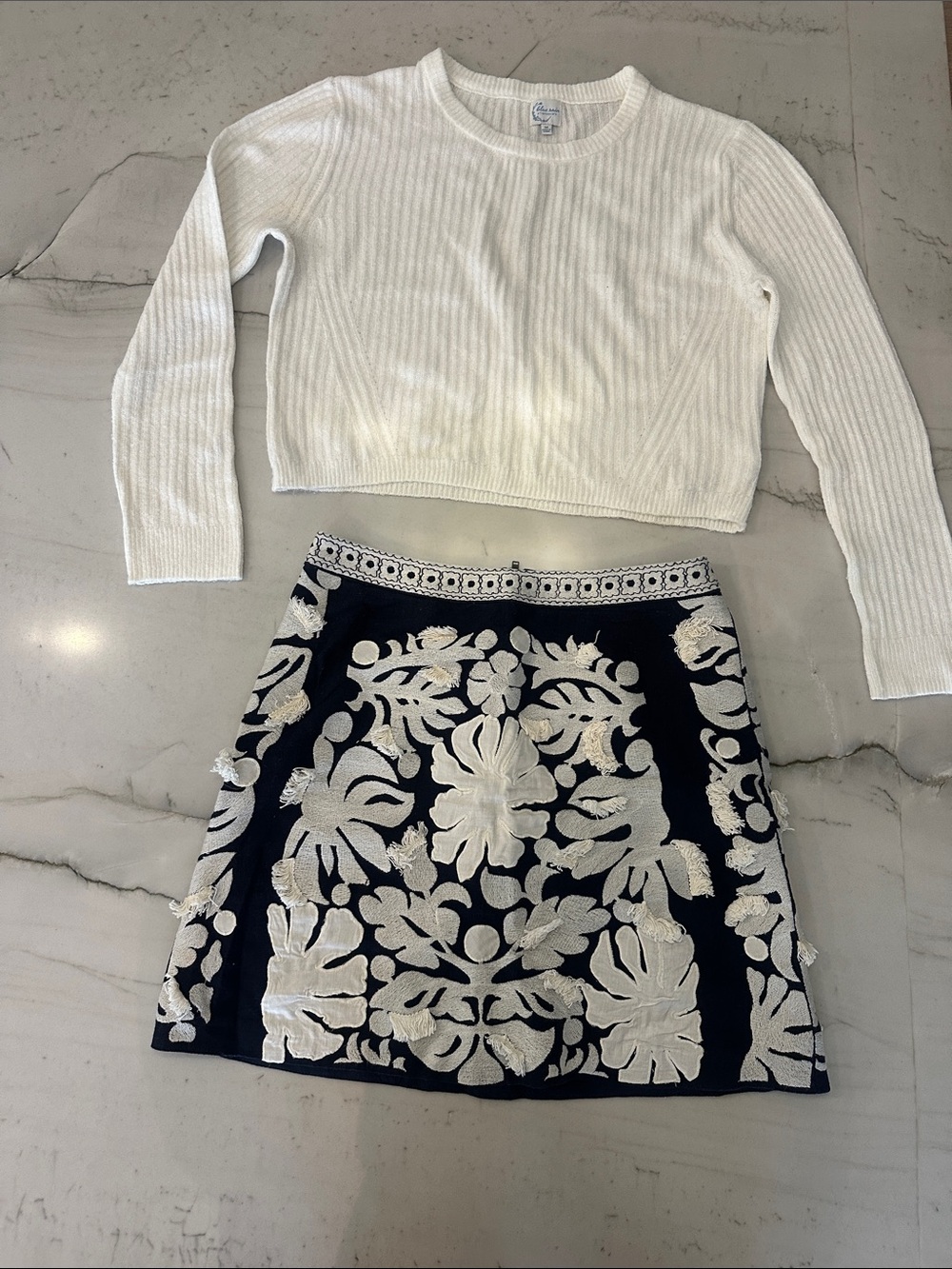 Maeve Navy Mini Skirt with White Floral Embroidery & Knit Sweater Set